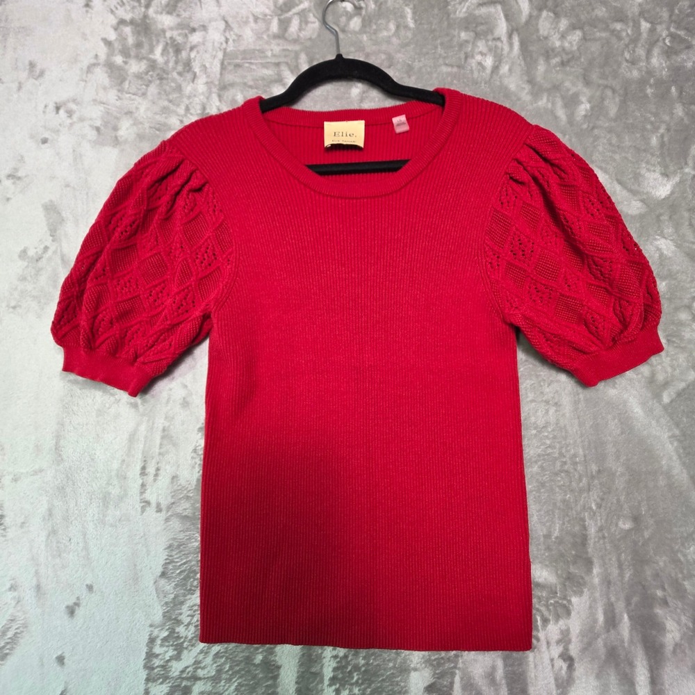 Elie Elie Tahari Red Ribbed Knit Puff Sleeve Pointelle Sweater Top Large